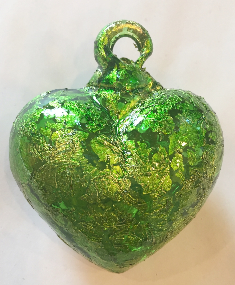 Green Heart with Green Leaf | Blown Glass Hearts