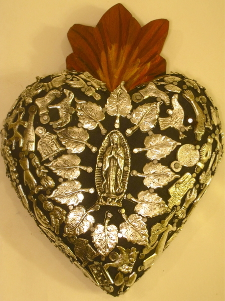 Sacred Heart with Milagros, Black, Large | Milagro Woodcarvings