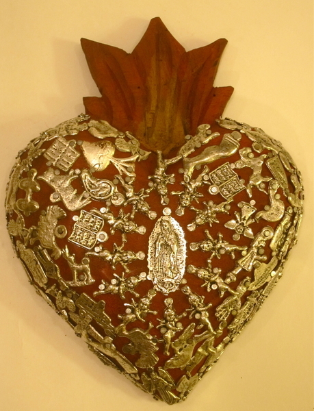 Sacred Heart with Milagros, Red, Large | Milagro Woodcarvings