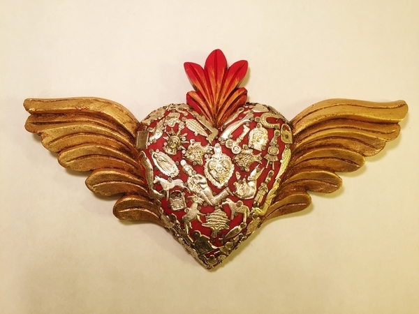 Sacred Heart with Wings and Milagros, Red | Milagro Woodcarvings