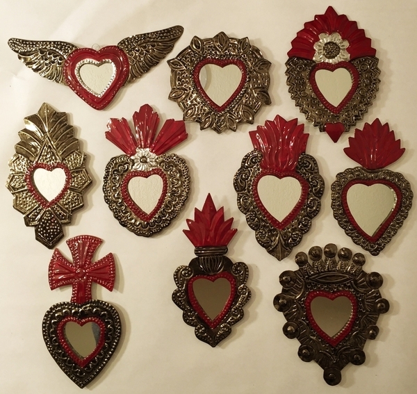 Set of 10 Tin Sacred Heart with Mirror Ornaments, Traditional | Christmas Ornaments, Tin