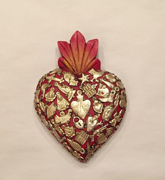 Sacred Heart with Milagros, Red, Medium | Milagro Woodcarvings