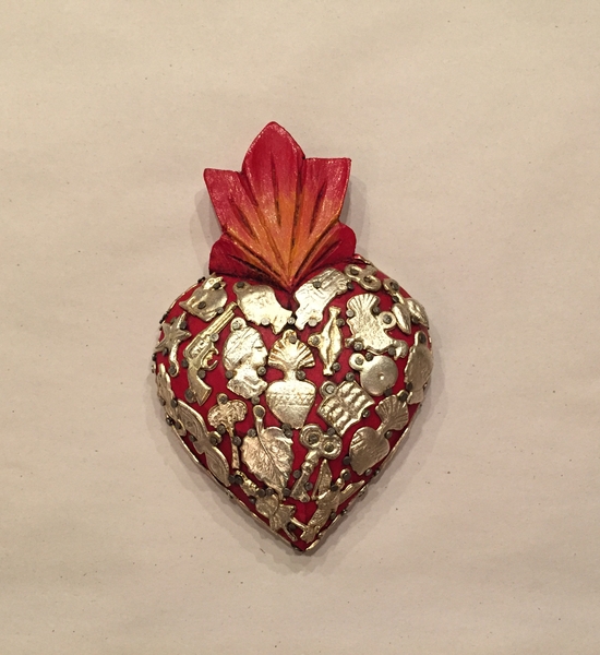 Sacred Heart with Milagros, Red, Small | Milagro Woodcarvings