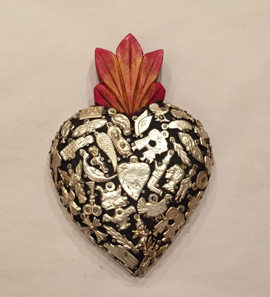 Sacred Heart with Milagros, Black, Medium | Milagro Woodcarvings