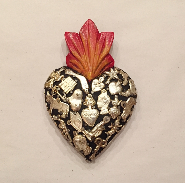 Sacred Heart with Milagros, Black, Small | Milagro Woodcarvings