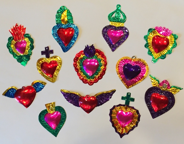 Tin Sacred Heart Ornaments, Colored, S/10 | Tin Sacred Hearts