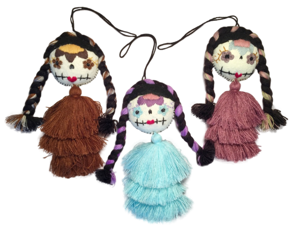 Embroidered Catrina Ornament, Cascading Pompom | Day of the Dead Ornaments, Embroidered