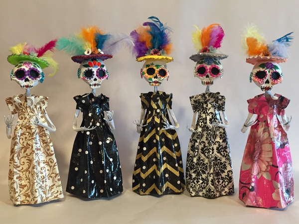 Elegant Paper Mache Catrina with Feathers, S/2 | Catrinas