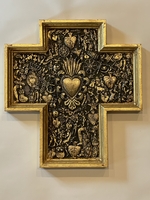 Image Gilded Cross with Milagros and Large Sacred Heart